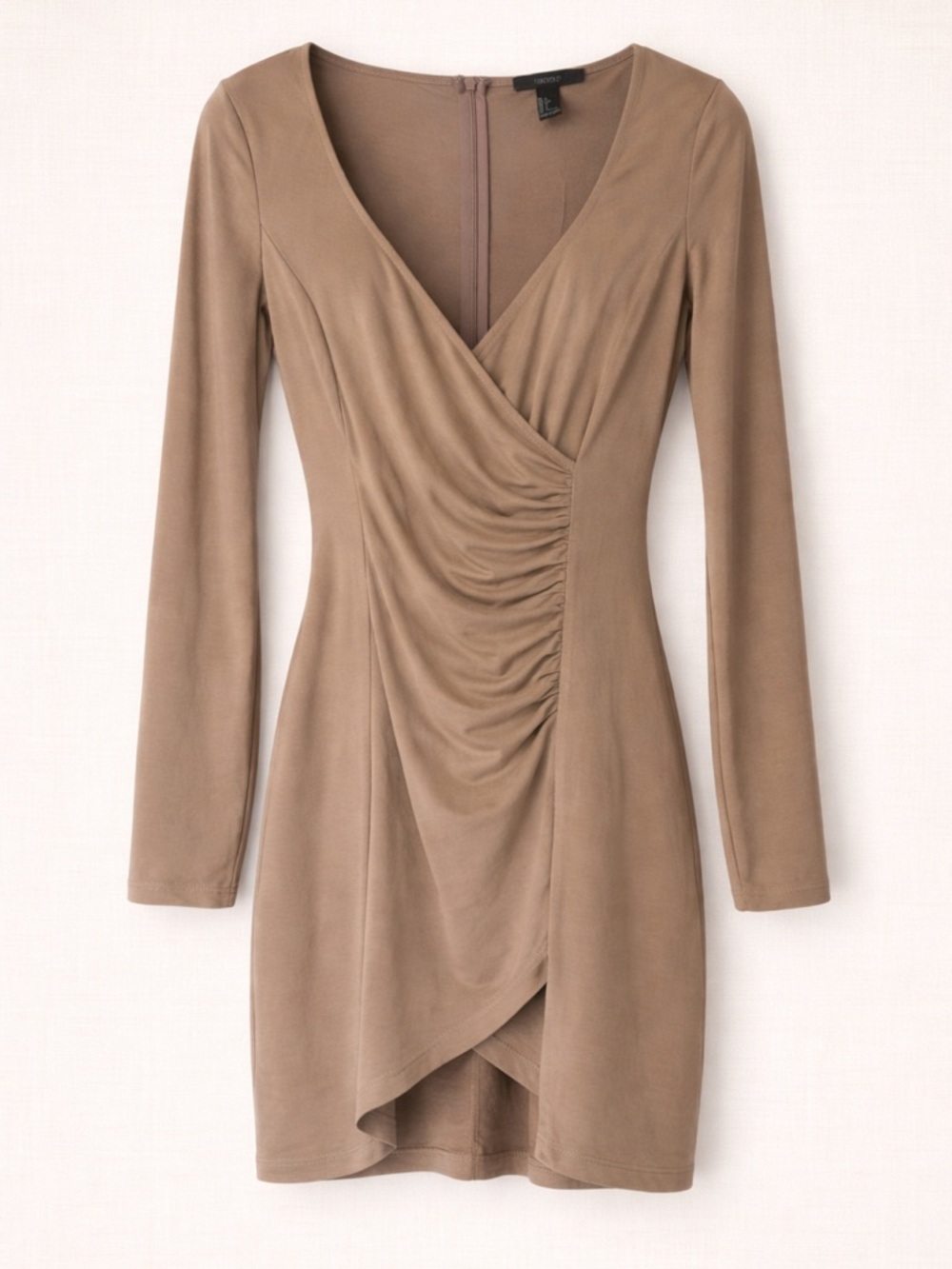 Forever 21 Long Sleeve Ruched Faux-Wrap Dress in Taupe Brown